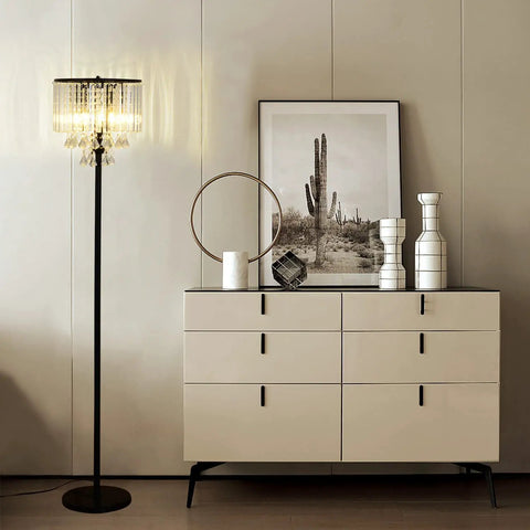 Crystal Floor Lamp With Foot Pedal Dope Modern Standing Light For Living Room Bedroom And Office Black Tall Pole Indoor 3 Light Fixture Elegant Contemporary Decor And Warm Ambience next to dresser