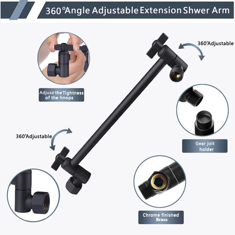 360° adjustable 9-inch extension arm from 8 Inch Rain Shower Head With 2 In 1 Handheld Sprayer, gear joint holder, and brass finish.