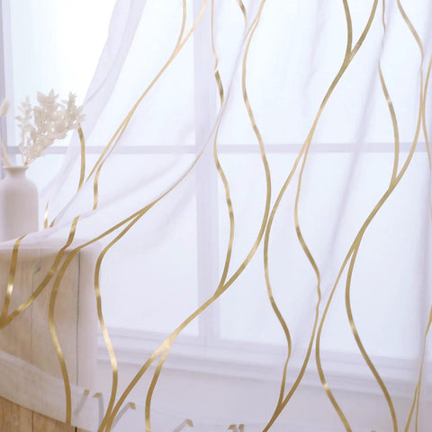 White and Gold See Through Sheer Curtains for Living Room with Elegant Wave Pattern, 90 Inch Long, Light Filtering, Grommet Top