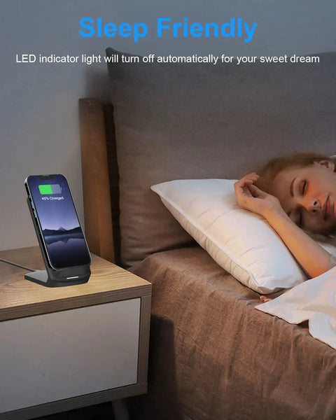 Upgraded Fast Wireless Charger Stand for Galaxy And iPhone Models No Cable Hassle on bedside table in bedroom scene