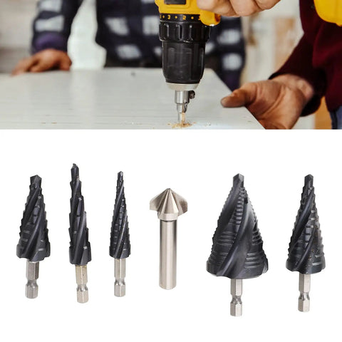 Heavy Duty Step Drill Bit Set With 4 Flute Design And M35 Cobalt Pagoda Bit Kit Featuring 1/4 Inch Shank For Punching Holes In Stainless Steel Hard Metal And Sheet Rock Like A Boss Fast., M35 cobalt step drill bits in use on metal sheet