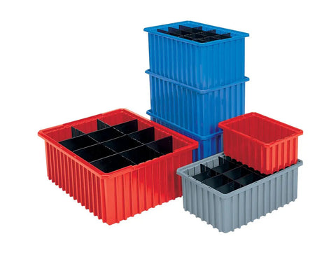 Stacked blue modules of Eight Pack Stackable Plastic Slotted Modu Box for Grid Storage and Transport Rugged Dividable Totes With Adjustable Compartments