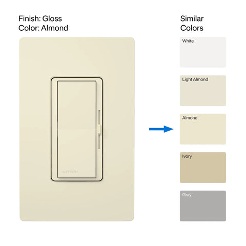 Diva LED Plus Dimmer Light Switch For Dimmable LED Halogen And Incandescent Bulbs Almond finish with color options chart.