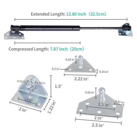 Heavy Duty Gas Struts Function As Slick Lift Supports For Cabinets Bedroom Doors And Windows No Sweat Mount details with measurements.