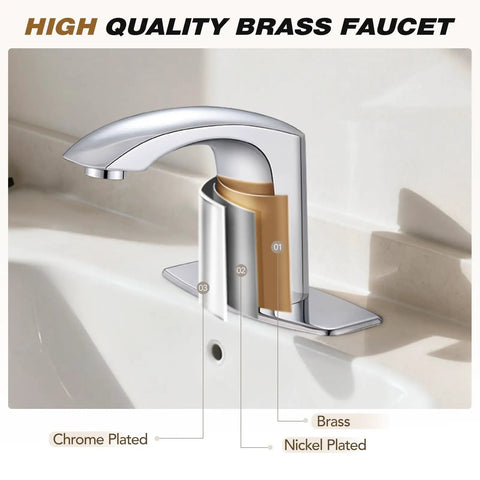 Commercial Touchless Bathroom Sink Faucet with H59 Brass and Chrome Finish shown with cross-section detail