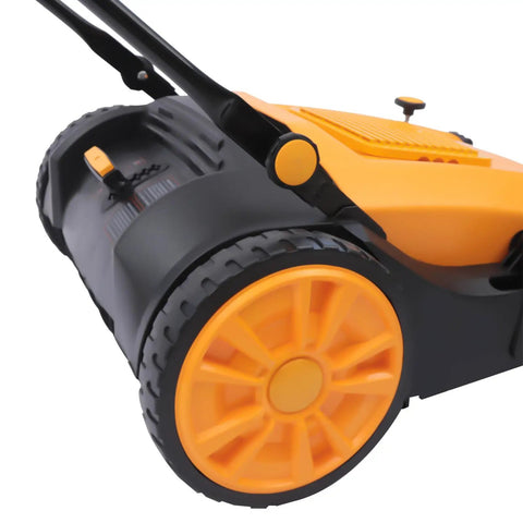 Close-up of Heavy Duty Walk Behind Commercial Sweeper 41 Inches Wide Hand Push Floor Cleaner 14 Gallon Bin rubber tire.