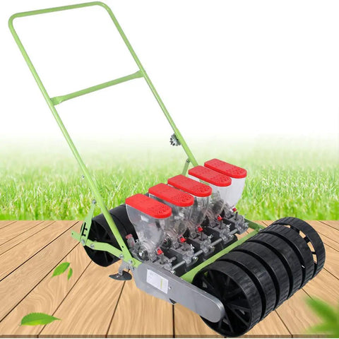 Metal Precision Garden Push Seeder with Five Row Capacity Walk Behind Cultivator and Seed Spreader on wooden deck