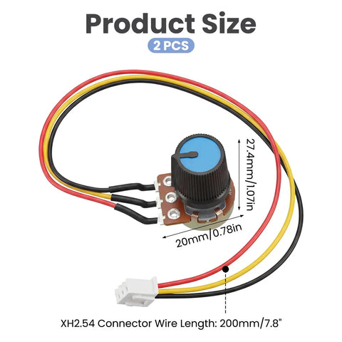 10K Linear Taper Rotary Potentiometer Pack with knurled shaft, XH2.54 prewired cable, knob cap, DIY projects, product size display
