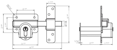 Technical drawing of Long Throw Gate Lock For Sheds And Fences With Euro Profile Keyed Both Sides, 316 Stainless Steel Black Finish.