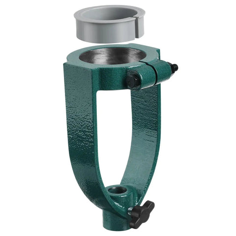 Iron Mortise Converter Runs Tight On Bench Drills Clips Right Onto Hollow Chisel Bits With Tenon Gauge Tool close-up view of adapter tool