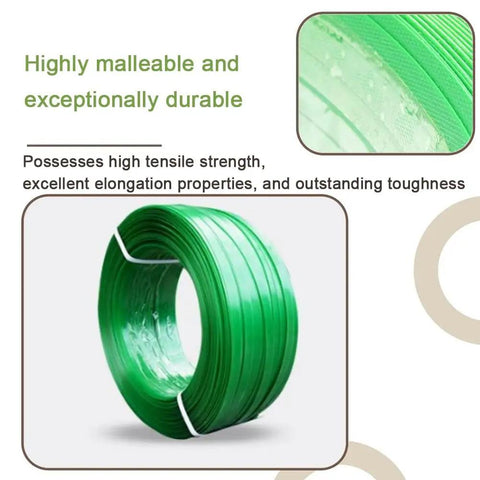 Heavy-Duty Strapping Tape Rolls And Flat Woven Fiber Rope Kit For Securing Heavy Loads showing green PET plastic strapping.