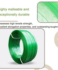 Heavy Duty Packaging Strapping Tape Rolls And Flat Woven Fiber Rope For Shipping And Pallet Sealing Safe Burr Free Edges High Strength PET Plastic Steel Strapping Reusable Durable 330m Rolls, showing close-up of green strapping roll with text highlighting durability and tensile strength.