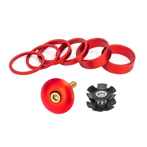 Dope Colorful Aluminum Headset Spacer Kit With Stem Top Cap And Long Bolts Star Nut And Front Fork Spacers in red color