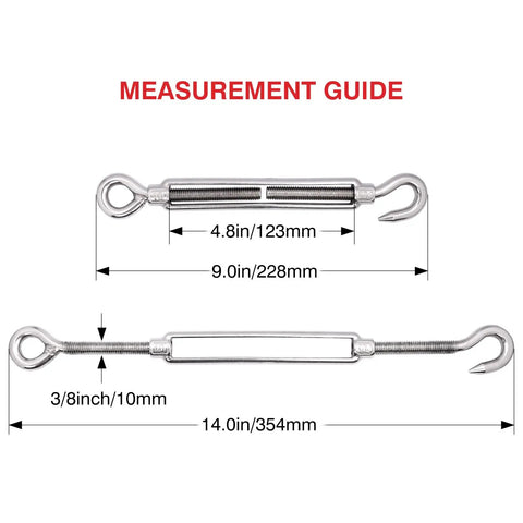 Top Shelf 304 Stainless Steel Hook And Eye Turnbuckle Kit For Wire Rope Tensioning Heavy Duty M10 Rigging Hardware with measurement guide.