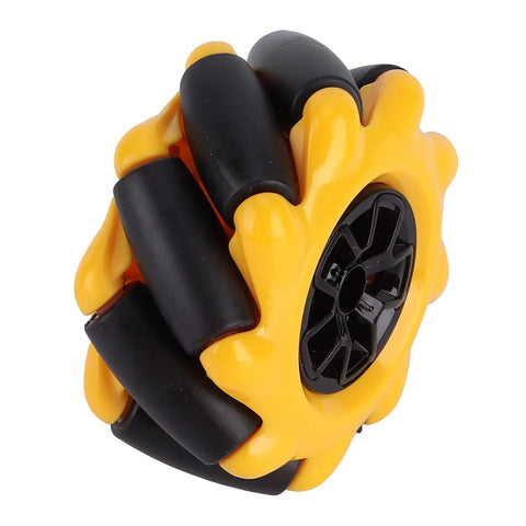 Yellow Mecanum wheel with black rubber rollers for TT geared motor, 60mm diameter.