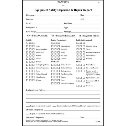 Equipment Safety Inspection Report Book With Thirty Six Point Checklist For Utility Trucks showing inspection checklist layout and fields.