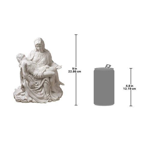 Pieta Replica Statue Large Bonded Marble Sculpture Inspired by Michelangelo beside a can for scale, showing 9 inch height
