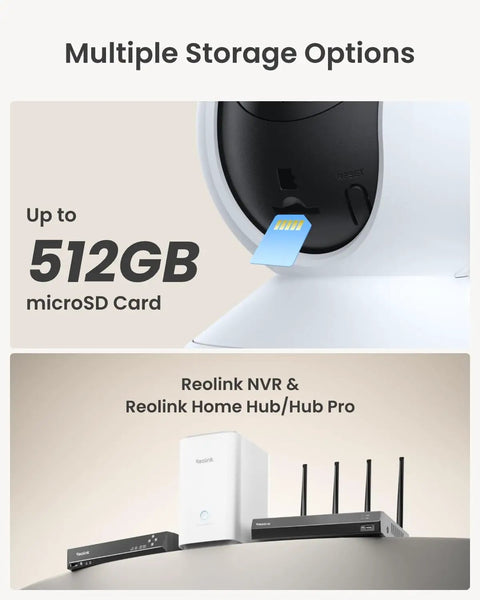 Close-up of microSD slot on 4MP HD Plug In Indoor Security Camera System With Pan Tilt And WiFi 6 Baby Monitor, with storage devices below.
