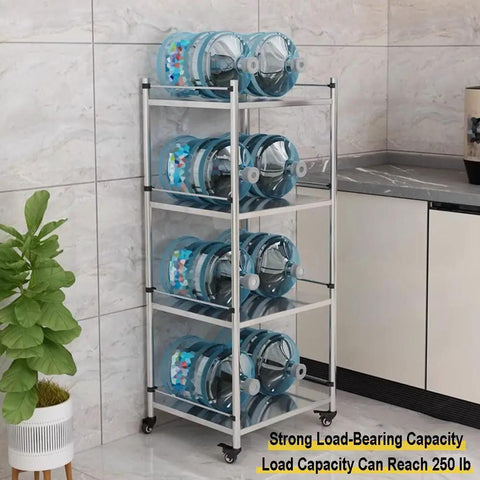 Hella Sturdy 5 Tier Metal Storage Rack With Swivel Wheels For Kitchen Or Pantry Heavy Duty Adjustable Shelving Unit holding water jugs.