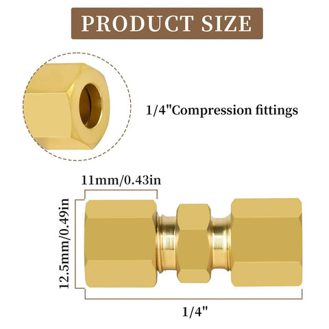 Brass Compression Tube Fitting One Quarter Inch To One Quarter Inch OD Ten Pack Twenty Four Degree Tapered Bore Sleeve Included Durable Plumbing Fittings Pro Grade Brass For DIY Installations, 1/4 in brass compression fitting