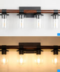 4 Light Farmhouse Vanity Light Fixture With Antique Wood Style Pole And Clear Glass Shades for over mirror, wall lighting