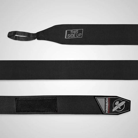 Premium Gym Grade Four Way Stretch Boxing Hand Wraps In Black, showing fabric details and secure fastening.