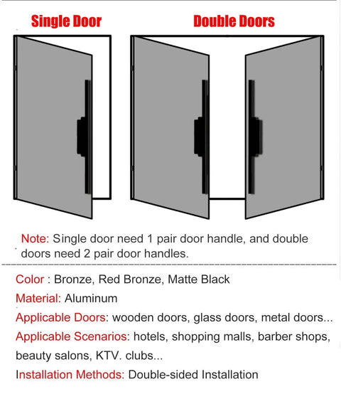 Diagram showing Solid Aluminum Double Side Door Pull Push Handle for single and double doors in bronze finish.