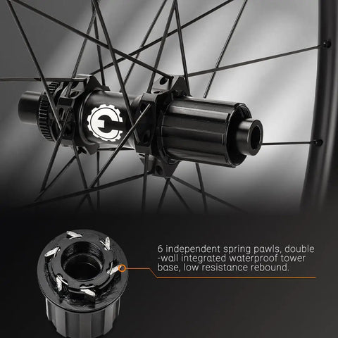 Close-up of rear hub and spokes on Road Disc Brake Carbon Wheelset 700c with 60mm deep rim and 28mm wide tubeless clincher.
