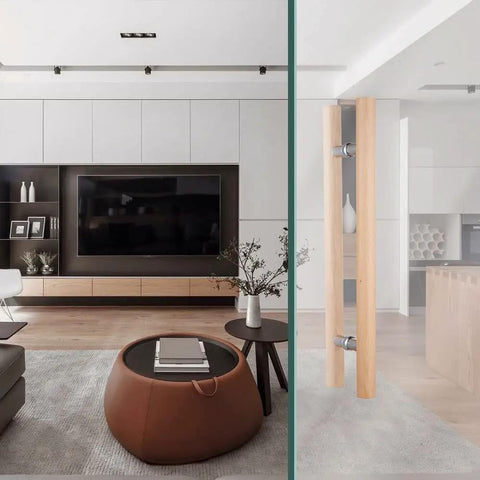 Rock Solid 304 Stainless Steel Connector, Top Shelf Heavy Duty Beech Wood Double Sided Push Pull Handle For Saunas, Sweet H Shape Door Pull Bar Hardware Upgrade Kit, displayed on a glass door.