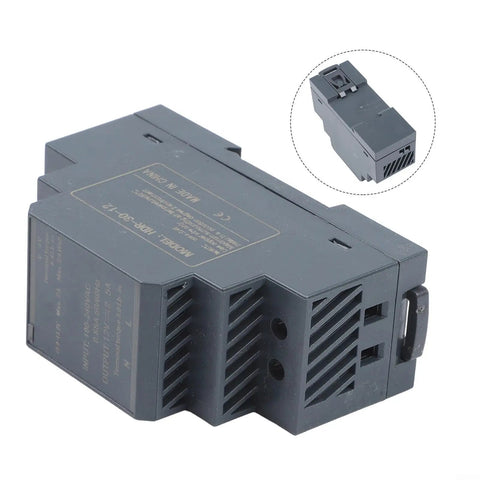 Rail Mounted 12V DC Switching Power Supply For Industrial Automation And Instruments With Rock Solid Ripple Free Output And Five Safety Protections Against Short Circuit Overcurrent Overload Overvoltage And Overheat Plus Efficient Heat Dissipation, gray plastic housing