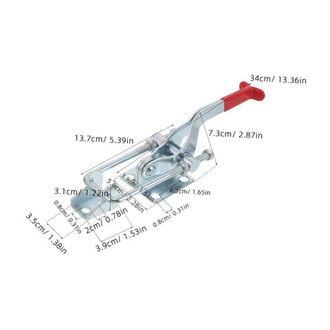 Heavy Duty Toggle Latch Clamp With 2183lbs Holding Power And Quick Release Pull Hasp For Freezer Doors Gun Vests And Toolboxes Made From Strong Galvanized Iron with measurements.