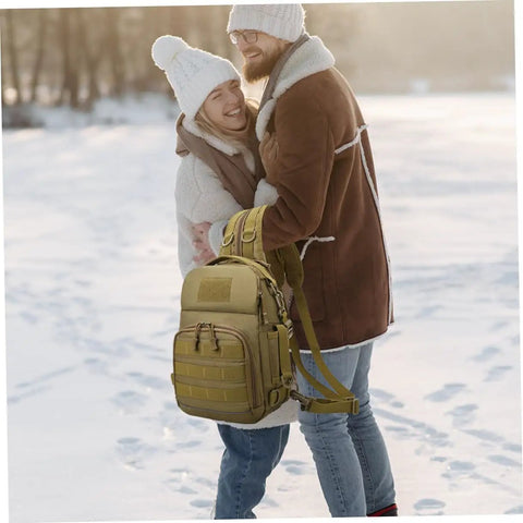 High Capacity Outdoor Camping Backpack With Wolf Camouflage For Hiking And Fishing Tackle Storage near couple in snow