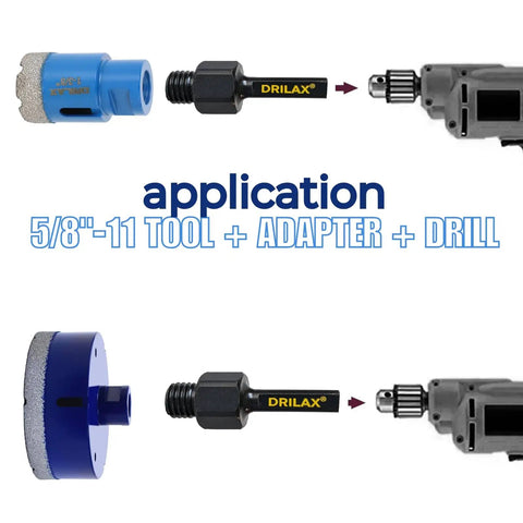 Universal Five Eighths To Three Eighths Drill Adapter Attachment With Threaded Arbor Shaft shown connecting drill to diamond tools.