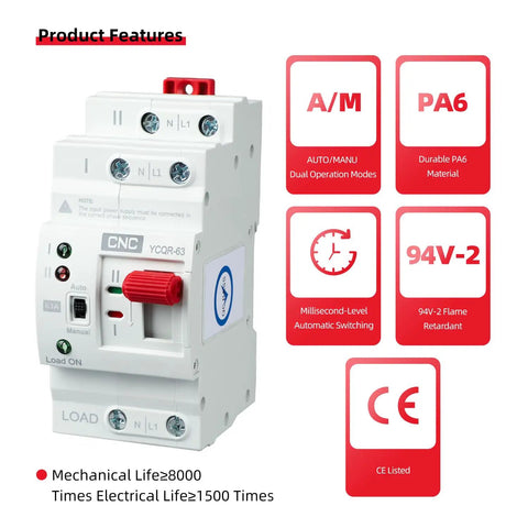 Automatic Transfer Switch 4P 63A AC 220V For UPS And Home Power Backup Millisecond Level ATS Auto Manual Switch DIN Rail Mount