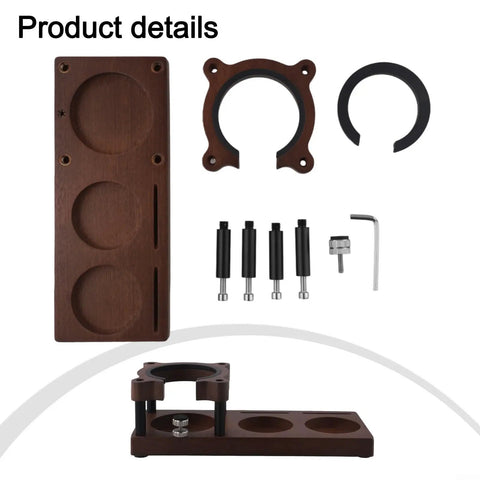 Adjustable Wooden Espresso Tamping Station And Hella Sturdy Portafilter Holder For 51 Mm Plus 58 Mm Coffee Tools, includes components.