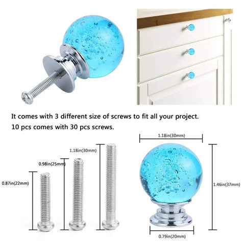 Hella Elegant 10 Pack 30 Millimeter Aqua Blue Crystal Cabinet Knobs Round Glass Bubble Drawer Handles K9 Crystal Zinc Alloy Furniture Hardware For Home Dresser Closet Pulls with screws