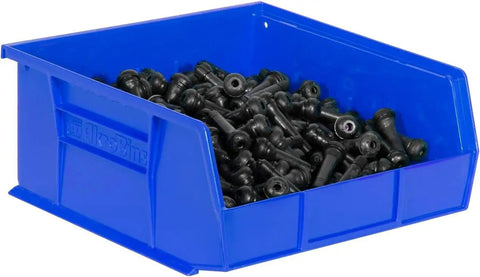 Blue stackable plastic storage bin filled with black screws, part of Stackable Plastic Storage Bins Set For Garage Pantry And Craft Organization Easy Grab And Go Space Saving Bins That Hold Up To 50 Pounds 11 By 11 By 5 Inches Blue 6 Pack.