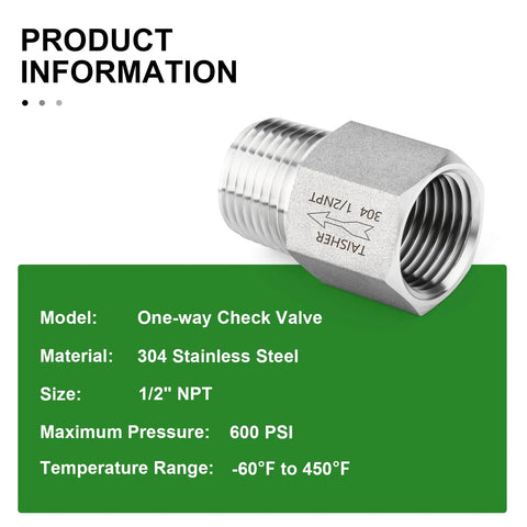 One-way stainless steel check valve, 304 SS, 1/2 in NPT male x female threaded ends