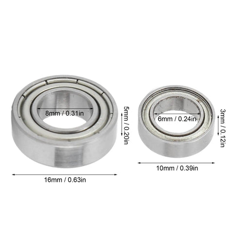 One Eighth Scale RC Ball Bearing Kit steel bearings, sizes 16x8x5mm and 10x6x3mm for wheel hubs, 24-piece set.