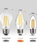 Comparison of 8W LED Porch Light Bulb Dimmable 2700K Warm White E26 Base with standard A19 and candle B11 E26 bulbs.