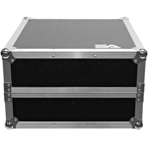 Professional Grade Heavy Duty Two Space Ata Equipment Case With Ten U Dj Mixing Console Top And Smooth Sliding Laptop Shelf Kickass Protection For Road Tours, front view, black laminate finish.