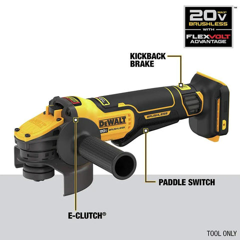 Heavy Duty Angle Grinder With 20V Max FlexVolt Advantage Muscle, Paddle Switch Trigger, Instant Kickback Brake, fits 4-1/2 to 5 inch discs.