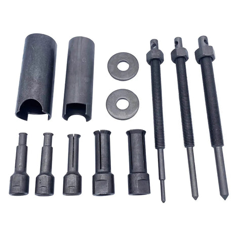 Thinking Process: metal bearing removal puller kit with 9 to 23mm adapters, washers, and threaded rods for bike repairs