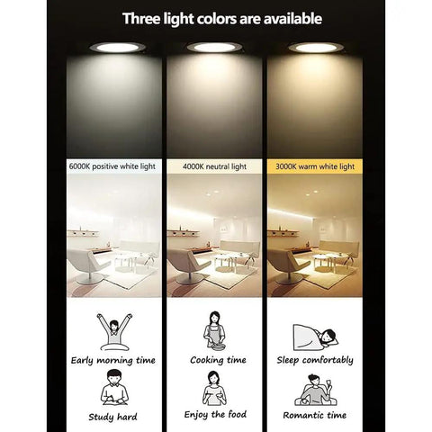 Three light color options displayed: 6000K positive white, 4000K neutral, 3000K warm white for Smooth Operator Ten Pack Round Led Recessed Lights Ultra Thin Anti Glare Ceiling Spotlights Warm White 3000K Retrofit Downlight High Cri Aluminum Housing Home Glow Up.