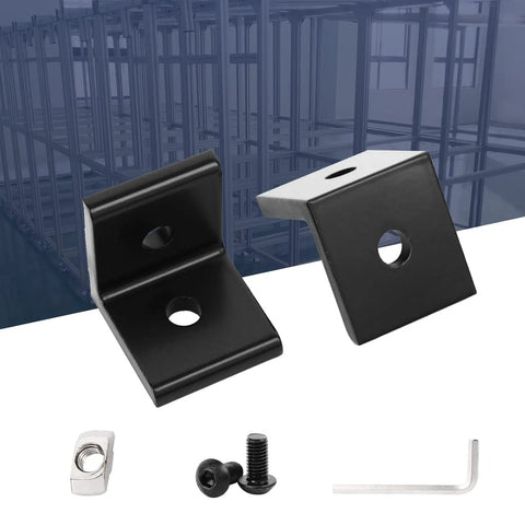 10 Piece 2 Hole Inside Corner Bracket Set For 4040 Aluminum Extrusion 10mm Slot 90 Degree L Shape Black Includes 20 M8 T Nuts 20 M8 Hex Screws And 1 Wrench with two brackets, screws, and wrench displayed