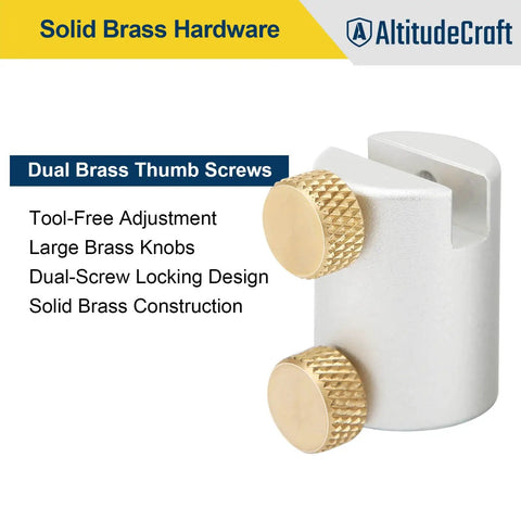 Solid brass hardware with dual brass thumb screws and tool-free adjustment in white anodized aluminum by AltitudeCraft.