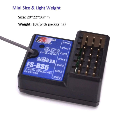 Ultra Lightweight 2.4Ghz 6CH AFHDS2 Receiver for RC cars and boats, compact size, FS-BS6 model, blue and black with pins.
