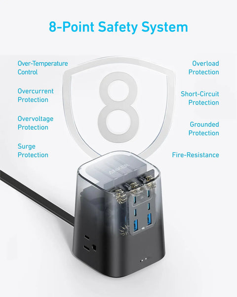 Image of Nine In One Desktop Power Strip That Powers All Your Gadgets With 300J Surge Flat Plug 100W USB C Charger with 8-point safety shield.