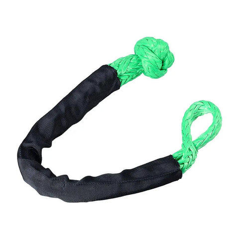 Four Pack Heavy Duty Green Synthetic Soft Shackle Ropes With 38000 Lbs Breaking Strength And 15000 Lbs WLL Plus Two Blue Aluminum Snatch Recovery Rings For Trailer Truck Snow Plow And Tree Straps Three Eighths And One Half Inch Winch Ropes close-up of green shackle