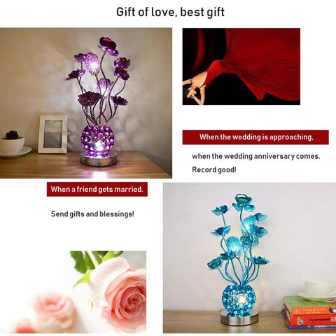 Vase Table Lamp With Modern Decor, Aluminum Flower Lights, G4 LED Bulbs 3x5W, 3000K Warm Glow, Brushed Chrome Base, Purple Finish